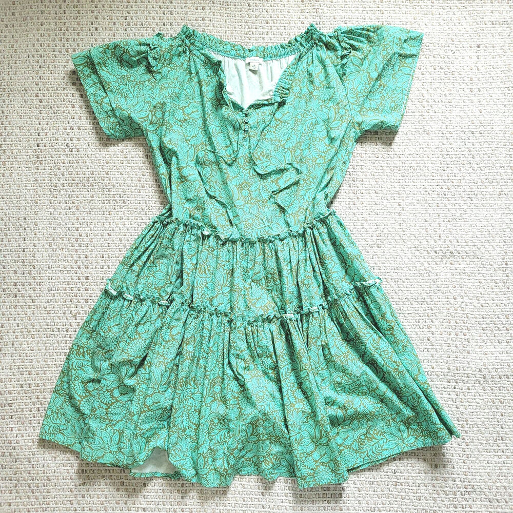 Sundance Liora Women M Dress Summer A-Line Tiered Ruffle Green Teal Cotton